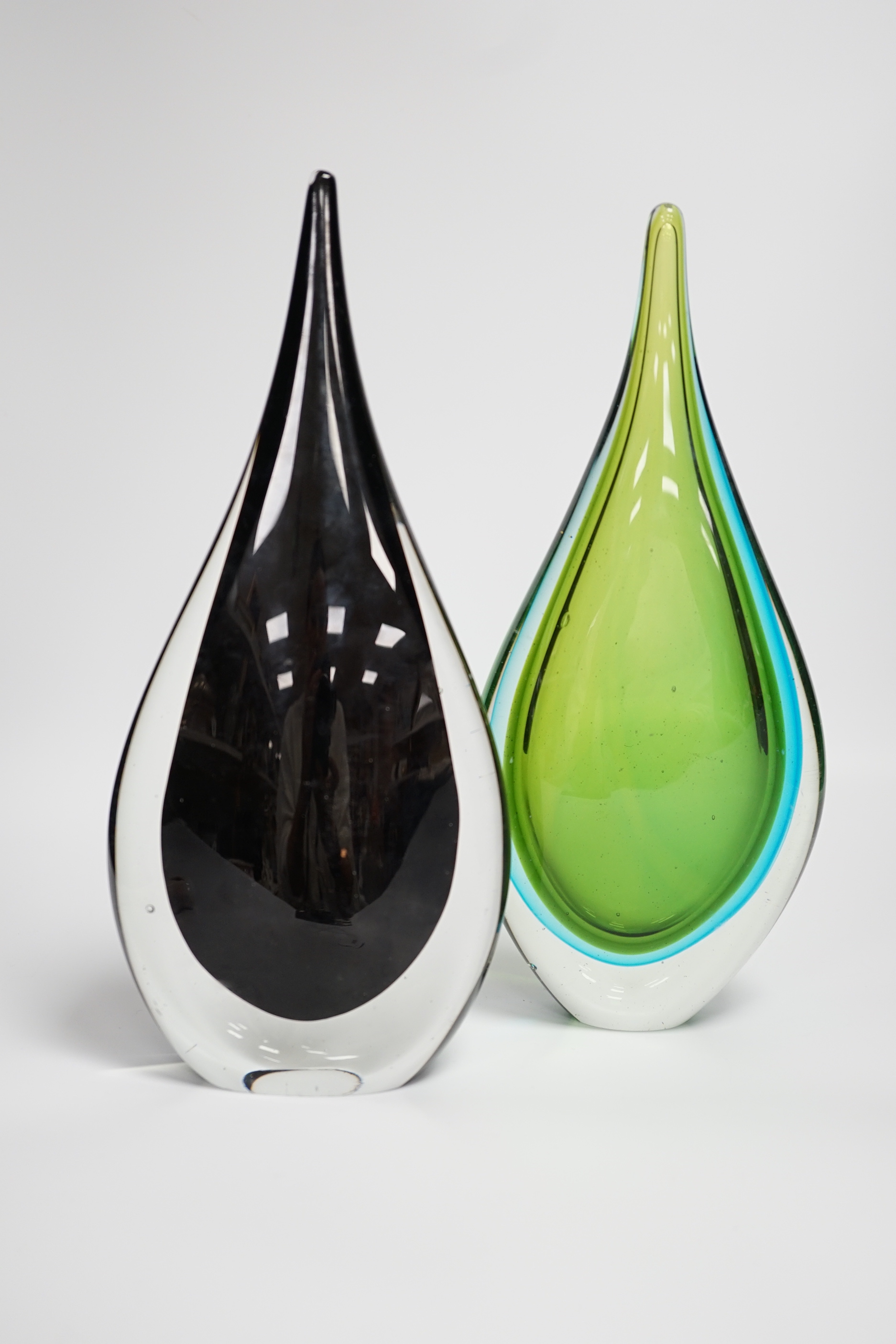 Two Murano coloured glass ornamental teardrop sculptures, 28cm high